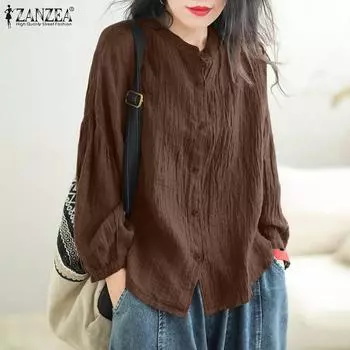 ZANZEA женская плиссированная блузка из хлопка и льна с круглым вырезом, открытыми плечами и длинными рукавами, однотонная свободная блузка