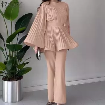 ZANZEA Женская плиссированная блузка с длинным рукавом и брюки повседневный комплект из двух частей S чёрный