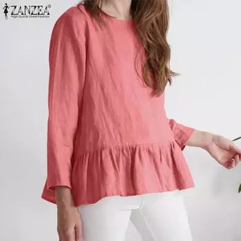 ZANZEA Женская плиссированная однотонная свободная блузка с круглым вырезом и рукавами 9/10 в стиле пэчворк