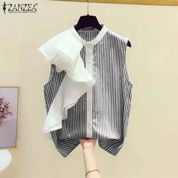ZANZEA Женская полосатая двухслойная рубашка с рюшами без рукавов и круглым вырезом L чёрный