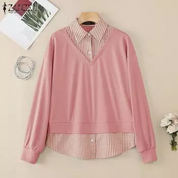 ZANZEA Женская полосатая лоскутная имитация двухсекционной блузки с длинным рукавом M коричневый