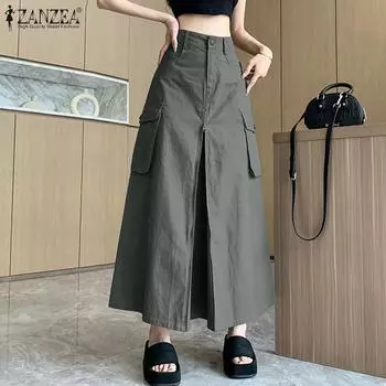 ZANZEA Женская полуюбка с завышенной талией на молнии и карманом со складками и подолом, однотонная рабочая одежда 4XL серый