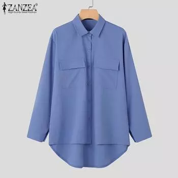 ZANZEA Женская повседневная асимметричная блузка с отложным воротником и длинными рукавами