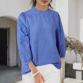ZANZEA Женская повседневная ажурная блузка с рукавом 3/4 в стиле пэчворк 4XL синий