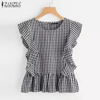 ZANZEA Женская повседневная блузка без рукавов с круглым вырезом и клетчатым принтом и оборками S чёрный