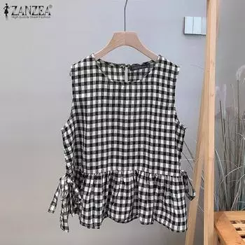 ZANZEA Женская повседневная блузка без рукавов с круглым вырезом и клетчатым принтом S чёрный