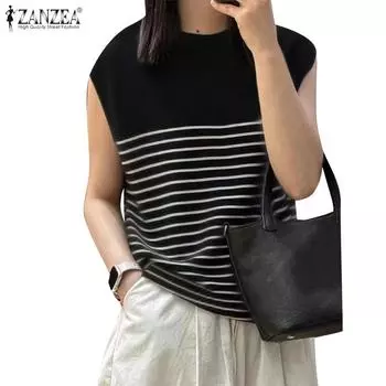 ZANZEA Женская повседневная блузка без рукавов с круглым вырезом и полосатым принтом S хаки