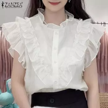 ZANZEA Женская повседневная блузка без рукавов с круглым вырезом и оборками 5XL белый