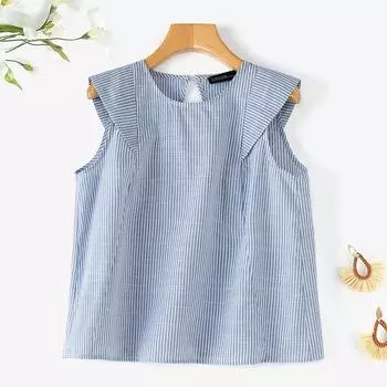 ZANZEA Женская повседневная блузка без рукавов в полоску с круглым вырезом L синий