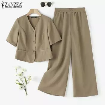 ZANZEA Женская повседневная блузка и брюки, летний комплект из двух предметов S хаки