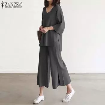 ZANZEA Женская повседневная блузка и брюки с рукавами 3/4, свободный летний комплект из 2 предметов