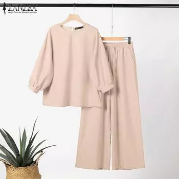 ZANZEA Женская повседневная блузка и широкие брюки, летний костюм из двух предметов