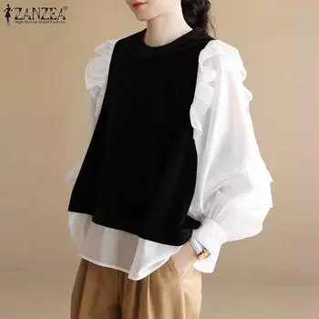 ZANZEA Женская повседневная блузка из двух частей с круглым вырезом и контрастными оборками и длинным рукавом S темно-зеленого