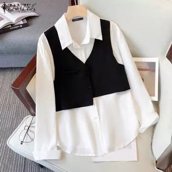 ZANZEA Женская повседневная блузка из двух частей в стиле пэчворк с длинным рукавом S светло-серый