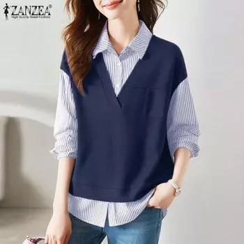 ZANZEA Женская повседневная блузка из двух частей в стиле пэчворк с длинным рукавом 5XL серый