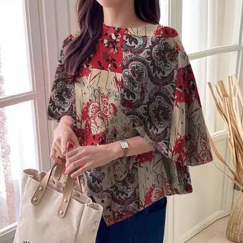 ZANZEA Женская повседневная блузка из хлопка с этническим принтом, с круглым вырезом и рукавами долман S красный