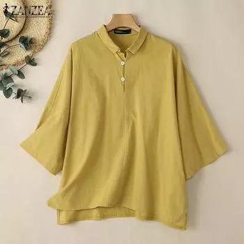 ZANZEA Женская повседневная блузка из хлопка с отложным воротником и рукавом 3/4 S чёрный