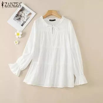 ZANZEA Женская повседневная блузка из хлопка с круглым вырезом и длинным рукавом 2XL белый