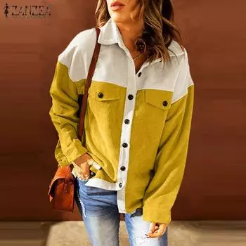 ZANZEA Женская повседневная блузка из тонкого вельвета с отложным воротником и длинным рукавом S жёлтый