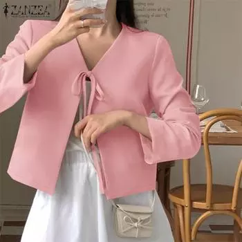 ZANZEA Женская повседневная блузка-кардиган с длинным рукавом и шнуровкой S чёрный