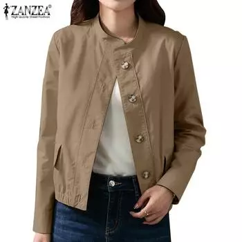 ZANZEA Женская повседневная блузка-кардиган с круглым вырезом и длинными рукавами S бежевый