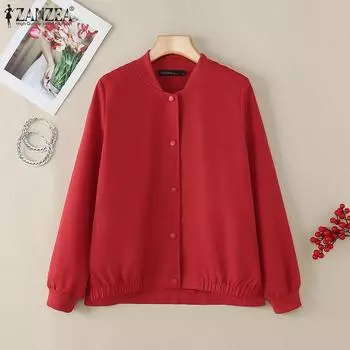 ZANZEA Женская повседневная блузка-кардиган с круглым вырезом и длинным рукавом S красный