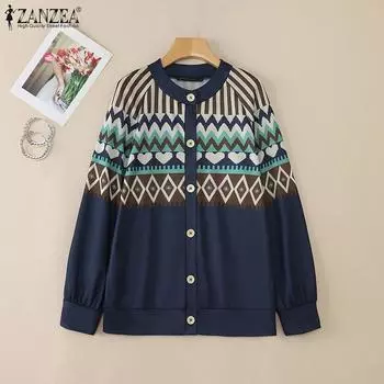 ZANZEA Женская повседневная блузка-кардиган с круглым вырезом и длинным рукавом S жёлтый