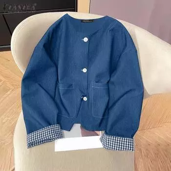 ZANZEA Женская повседневная блузка-кардиган с круглым вырезом и длинным рукавом S темно-синий