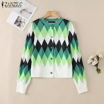 ZANZEA Женская повседневная блузка-кардиган с круглым вырезом и длинным рукавом с геометрическим принтом S красный