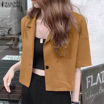 ZANZEA Женская повседневная блузка-кардиган с отложным воротником и коротким рукавом S чёрный