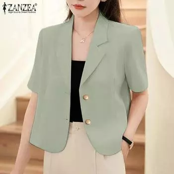 ZANZEA Женская повседневная блузка-кардиган с отложным воротником и коротким рукавом S чёрный