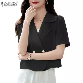 ZANZEA Женская повседневная блузка-кардиган с отложным воротником и коротким рукавом M чёрный