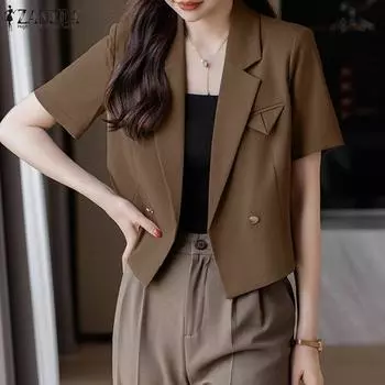 ZANZEA Женская повседневная блузка-кардиган с отложным воротником и коротким рукавом XL чёрный