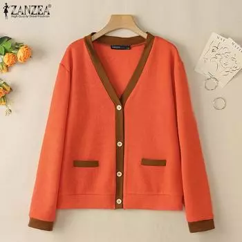 ZANZEA Женская повседневная блузка-кардиган с V-образным вырезом и длинным рукавом S зелёный