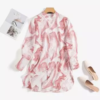 ZANZEA Женская повседневная блузка на пуговицах с длинным рукавом с круглым вырезом и принтом 4XL жёлтый