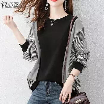 ZANZEA Женская повседневная блузка-пуловер с длинным рукавом в полоску и о-образным вырезом L чёрный