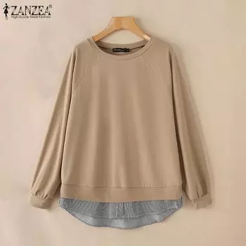 ZANZEA Женская повседневная блузка-пуловер с длинным рукавом в полоску в стиле пэчворк S темно-синий