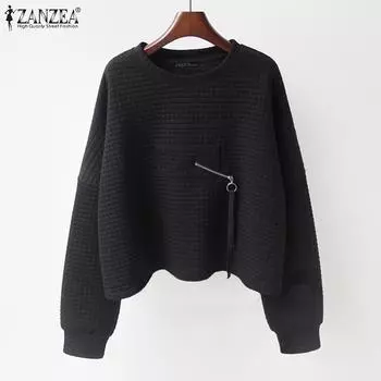 ZANZEA Женская повседневная блузка-пуловер с круглым вырезом и длинными рукавами, топы