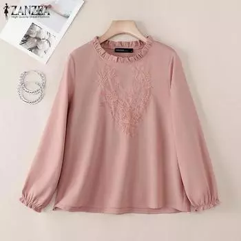 ZANZEA Женская повседневная блузка с цветочной вышивкой и длинным рукавом 4XL белый