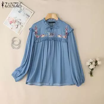 ZANZEA Женская повседневная блузка с цветочной вышивкой и длинным рукавом S тёмно-синий