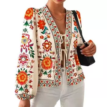 ZANZEA Женская повседневная блузка с цветочным принтом и длинными рукавами на шнуровке S бежевый