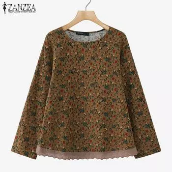 ZANZEA Женская повседневная блузка с цветочным принтом и длинным рукавом S хаки