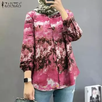 ZANZEA Женская повседневная блузка с длинным рукавом и круглым вырезом с принтом S розовый