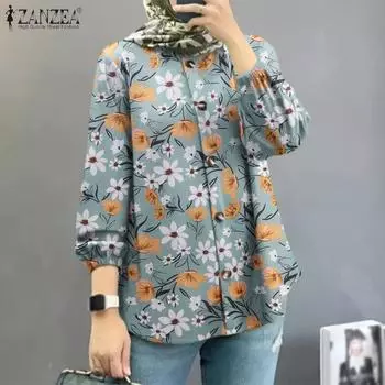 ZANZEA Женская повседневная блузка с длинным рукавом и круглым вырезом с цветочным принтом