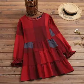 ZANZEA Женская повседневная блузка с длинным рукавом и круглым вырезом в клетку с принтом S жёлтый