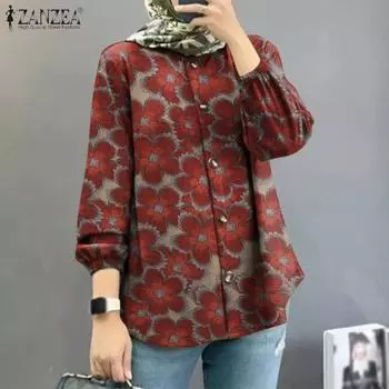 ZANZEA Женская повседневная блузка с длинным рукавом и круглым вырезом с принтом S зелёный