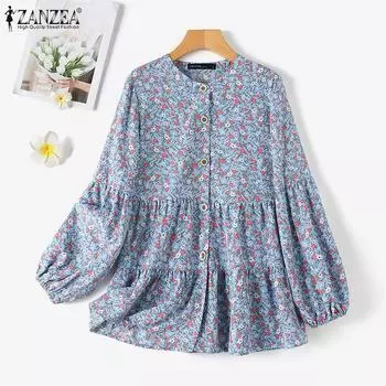 ZANZEA Женская повседневная блузка с длинным рукавом и круглым вырезом с цветочным принтом 2XL