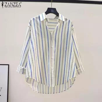 ZANZEA Женская повседневная блузка с длинным рукавом и отложным воротником в полоску с принтом XL зелёный