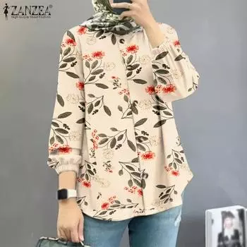 ZANZEA Женская повседневная блузка с длинным рукавом и круглым вырезом с цветочным принтом M