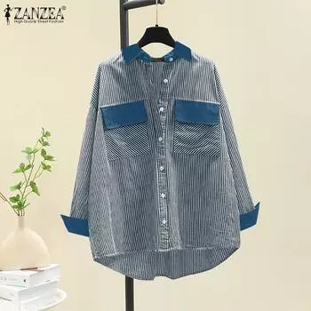 ZANZEA Женская повседневная блузка с длинным рукавом и отложным воротником в полоску с принтом S зелёный